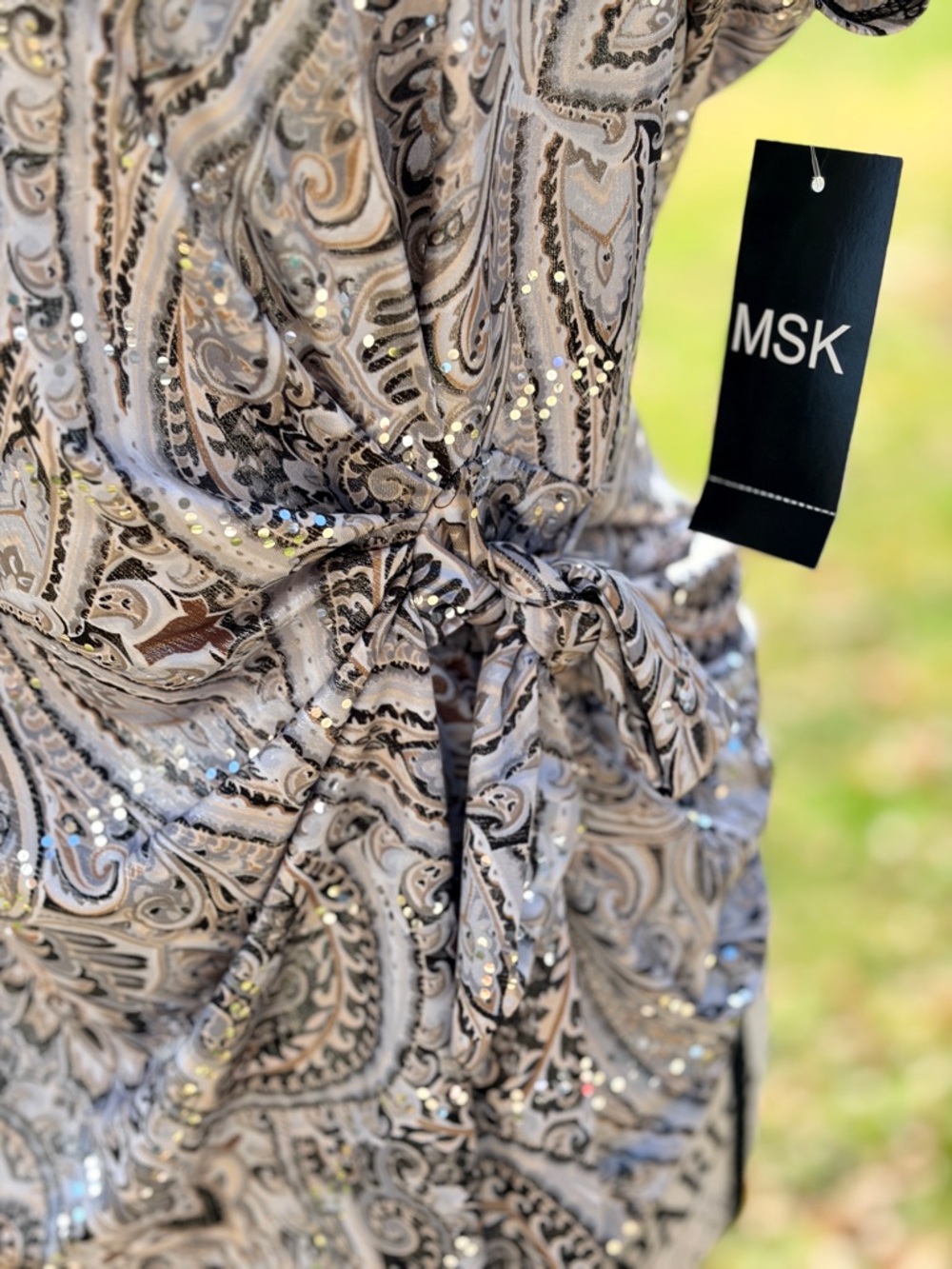 NWT MSK Women's Large Top black tan silver side tie short sleeve dressy shimmer - Picture 5 of 5